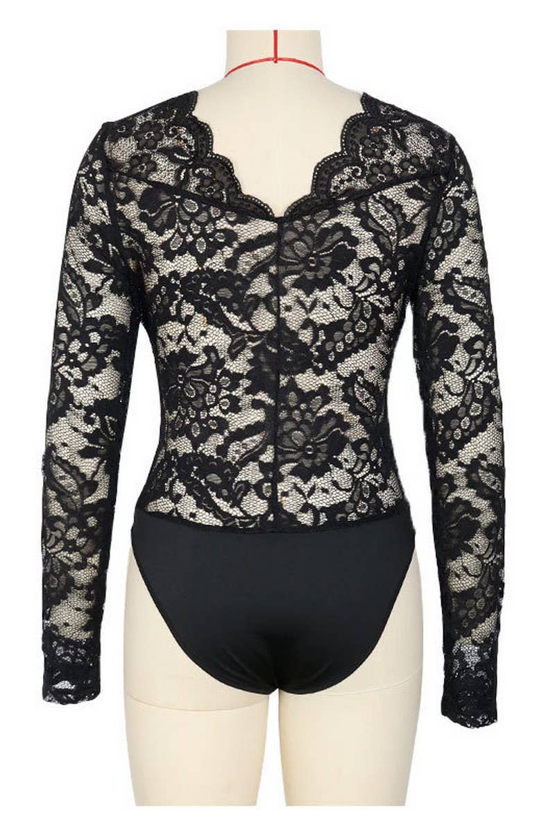 CWSBSL0056_V-NECK LACE PANELED SEXY LONG SLEEVE BODYSUIT