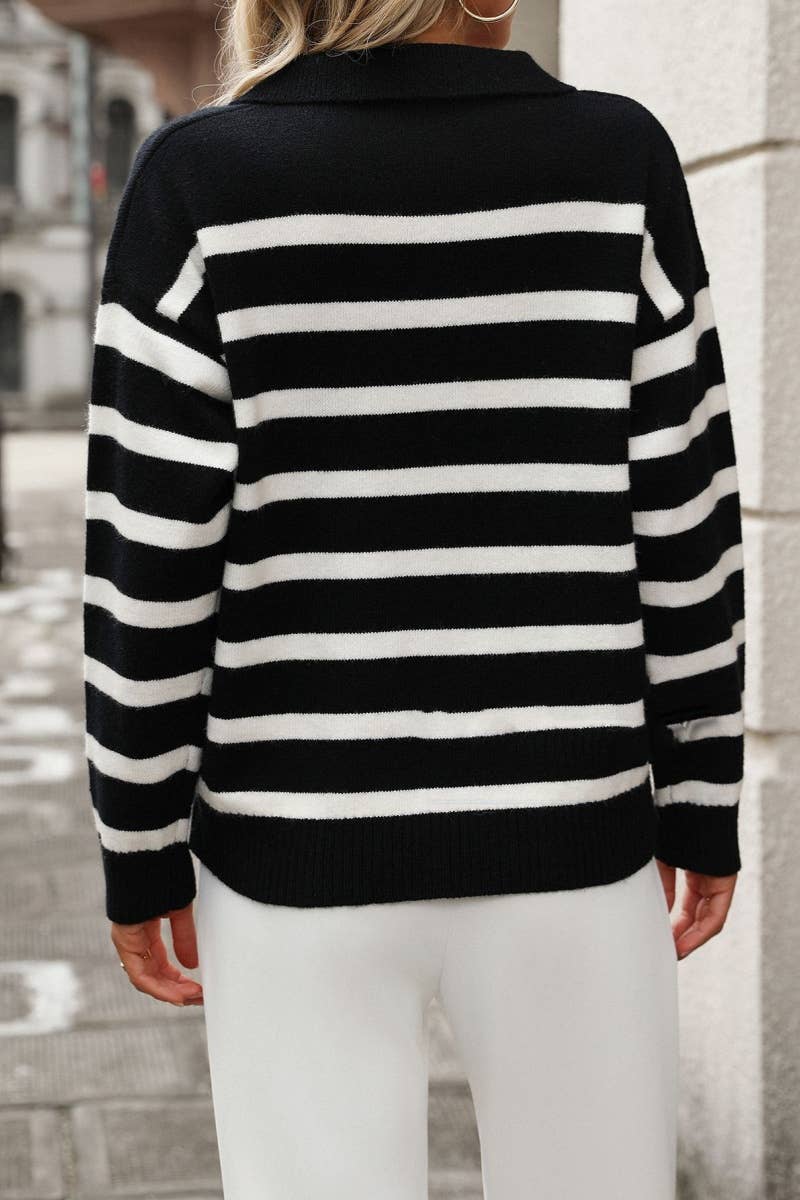 CWOSWL6493_STYLISH V-NECK STRIPED LONG-SLEEVED SWEATER