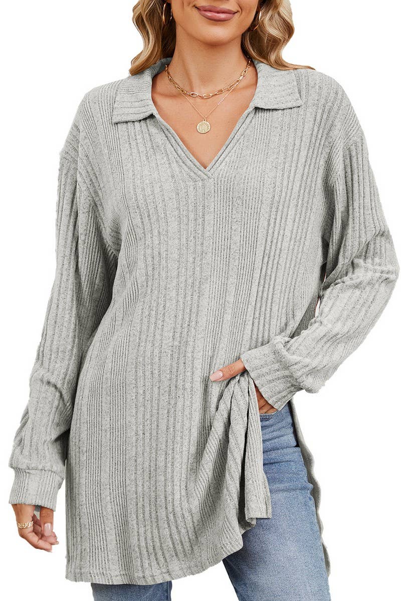 CWTBLL2351_SOLID COLOR V-NECK LONG SLEEVE SLIT T-SHIRT TOP