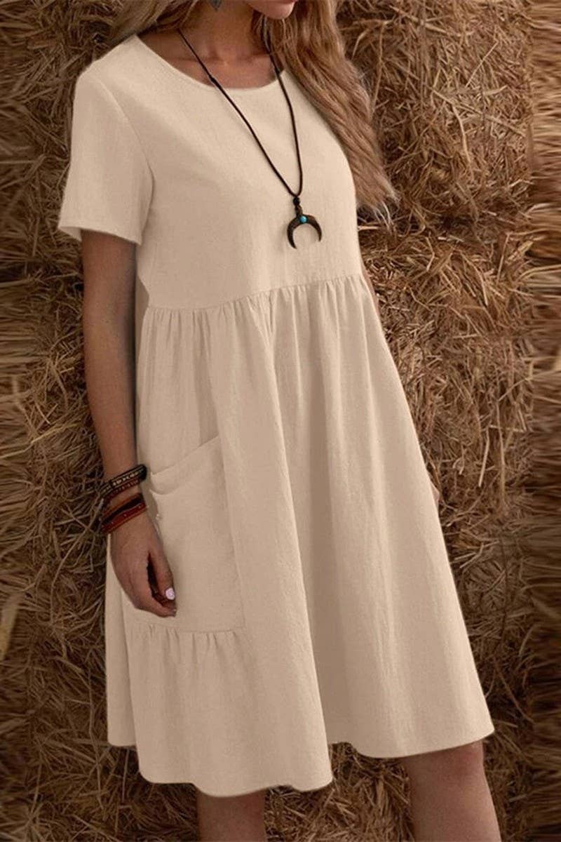 CWDSD8003_SUMMER RETRO LOOSE POCKET SOLID COLOR DRESS