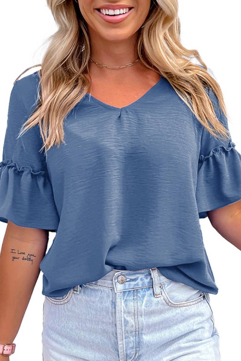 CWTBLS1391_SUMMER CASUAL V MID-SLEEVE COLLAR RUFFLED TOP