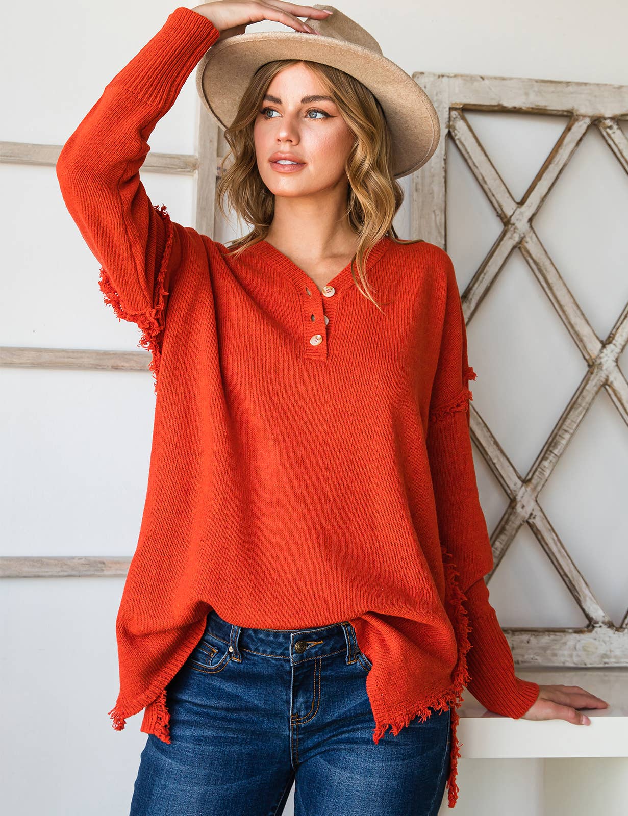 CWOSWL1832_BUTTON DOWN FRINGE SHOULDER SWEATER KNIT TOP