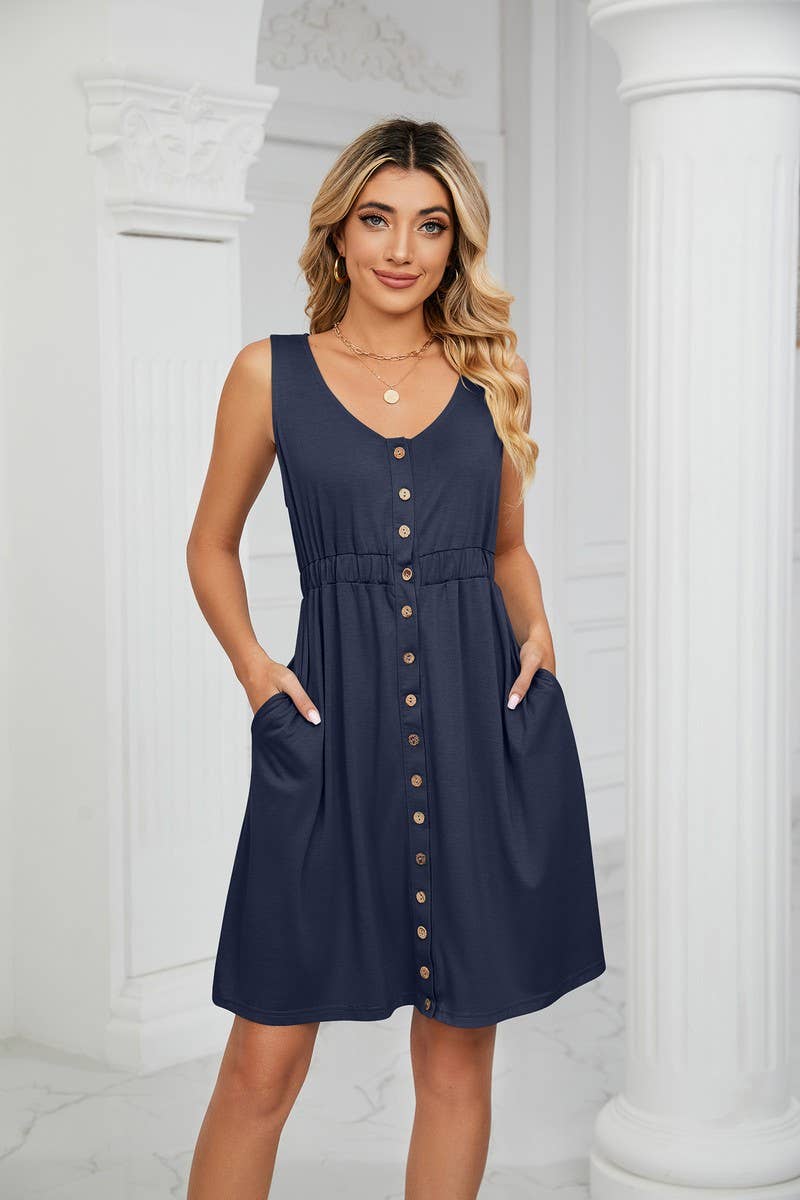 CWDSD3114_ROUND NECK SLEEVELESS BUTTON POCKET WAIST DRESS