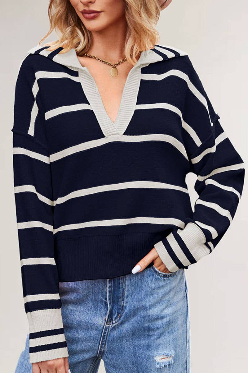 CWOSWL6849_V-NECK STRIPED CONTRAST COLOR LOOSE SWEATER