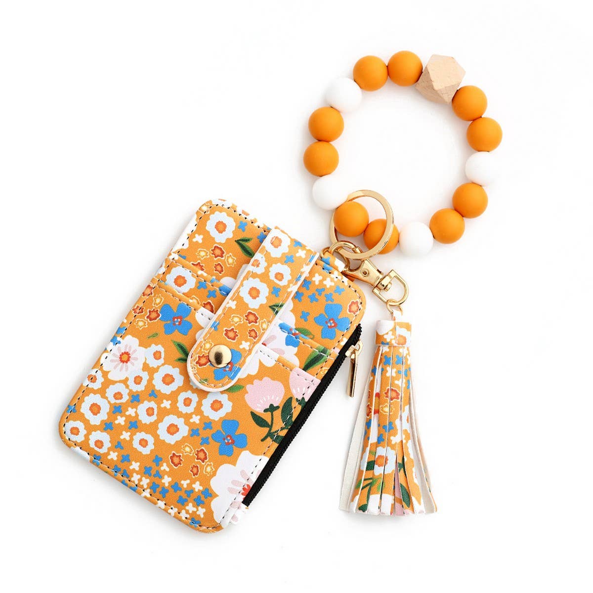 Floral Print PU Wallet with Silicone Bead Keychain_CWAB4930