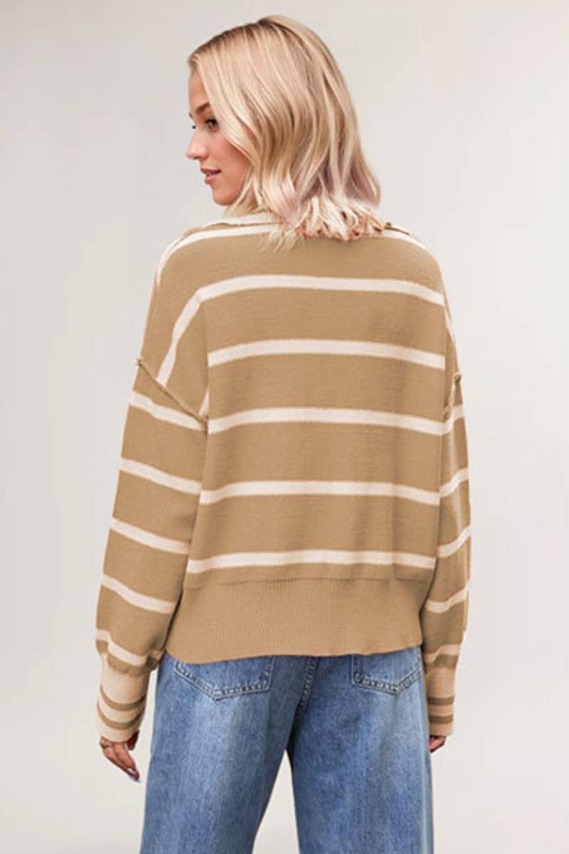 CWOSWL6738_LONG-SLEEVED V-NECK SWEATER WITH LOOSE STRIPES