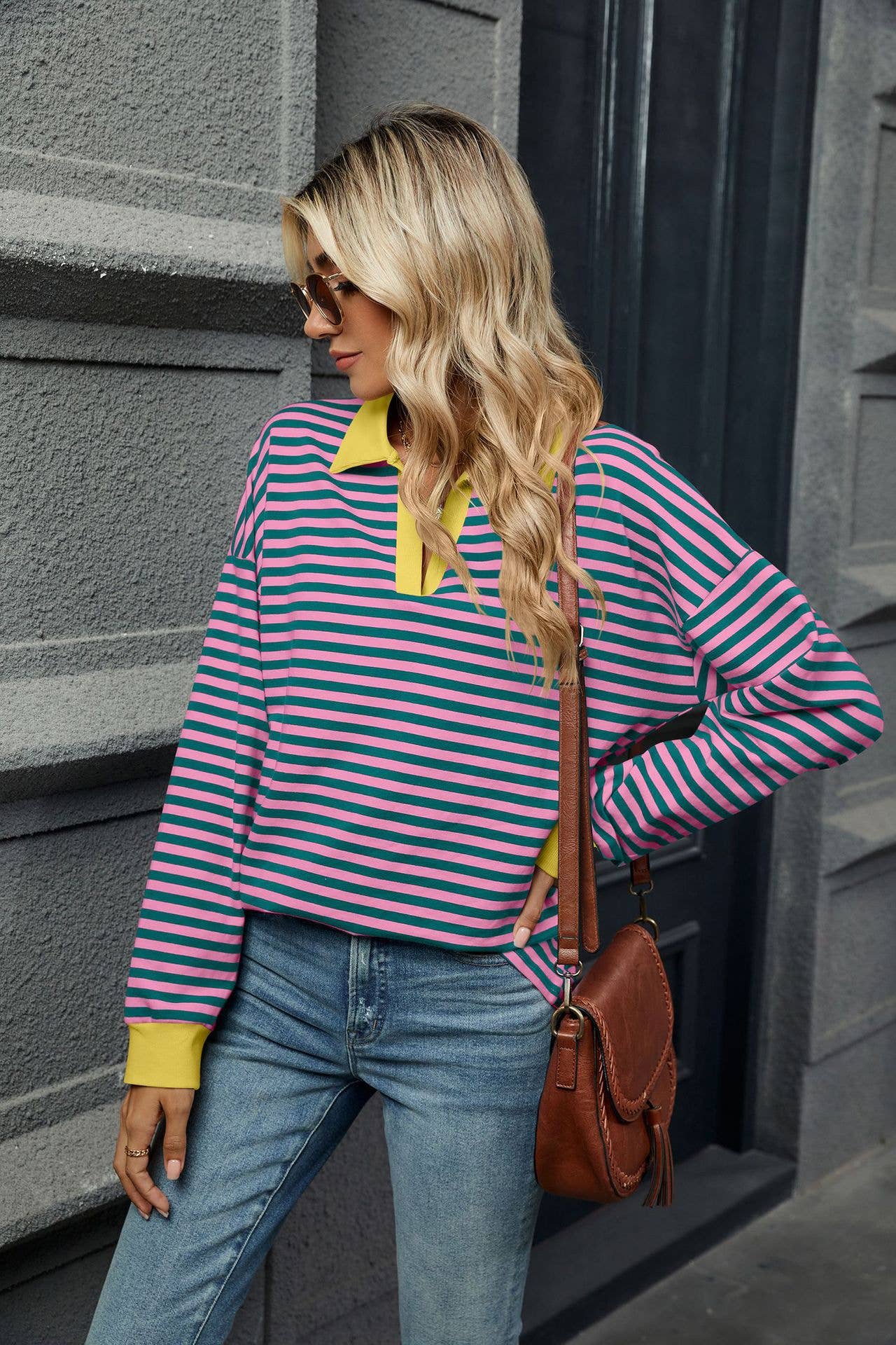Color-blocking lapel long-sleeved striped hoodie