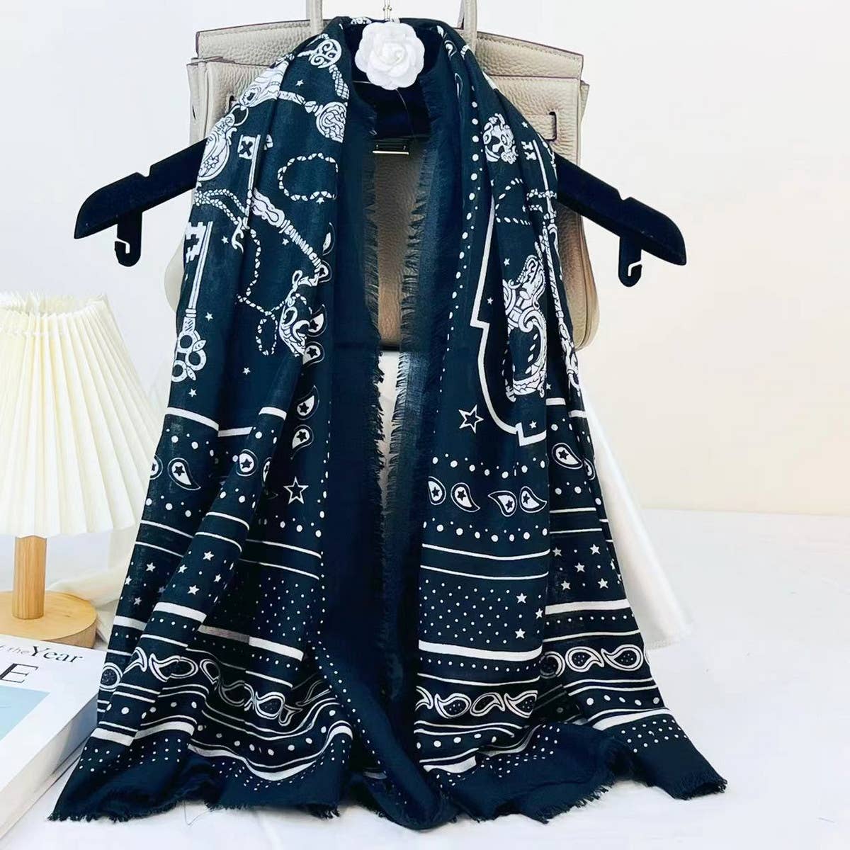 Chain Print Silk Wool Scarf ??Luxury Travel Shawl_CWASC0895