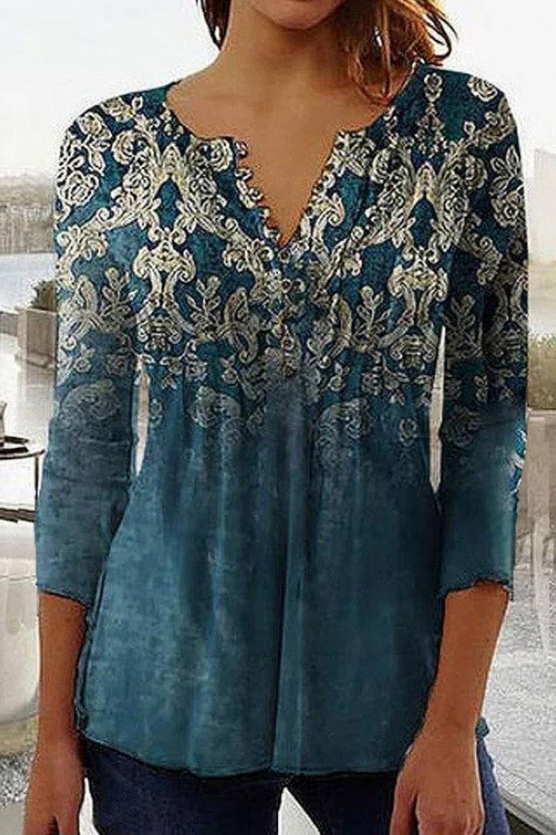 CWTTS1452_SPRING AND SUMMER V-NECK FLORAL BOTTOMING SHIRT