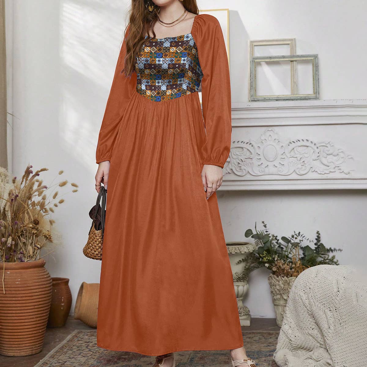 BOHO LANTERN SLEEVE GEOMETRIC PRINT DRESS