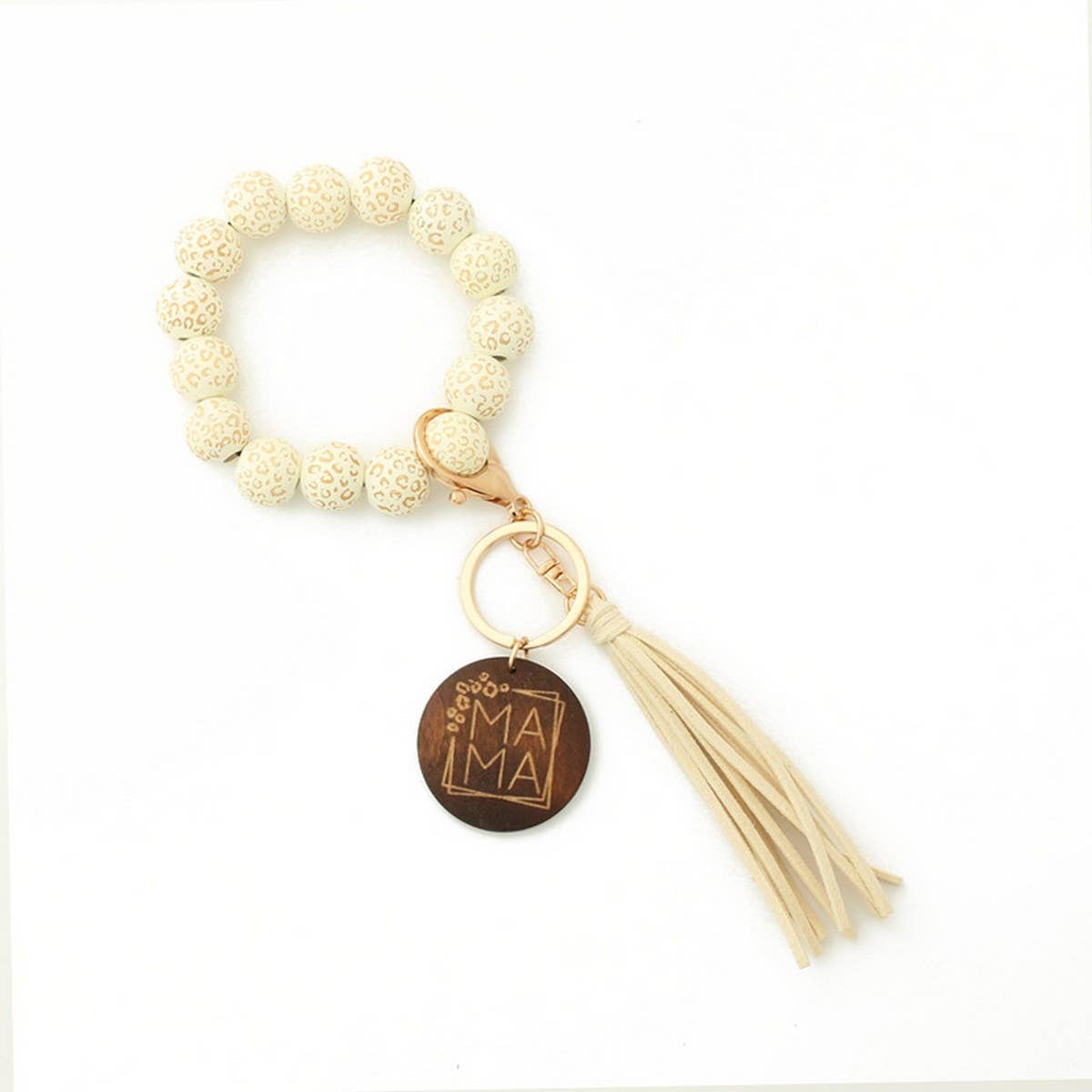 LEOPARD PATTERN WOODEN BEAD BRACELET KEYCHAIN