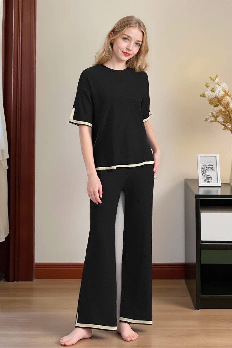 CWSTB00422_COLORBLOCK KNIT TOP & HIGH WAIST WIDE LEG SET