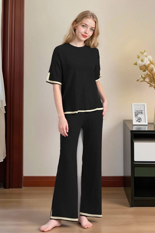 CWSTB00422_COLORBLOCK KNIT TOP & HIGH WAIST WIDE LEG SET