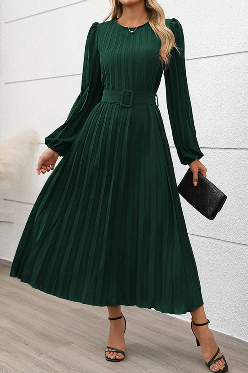 CWDMD01038_ELEGANT VINTAGE LONG SLEEVE PLEATED SOLID DRESS