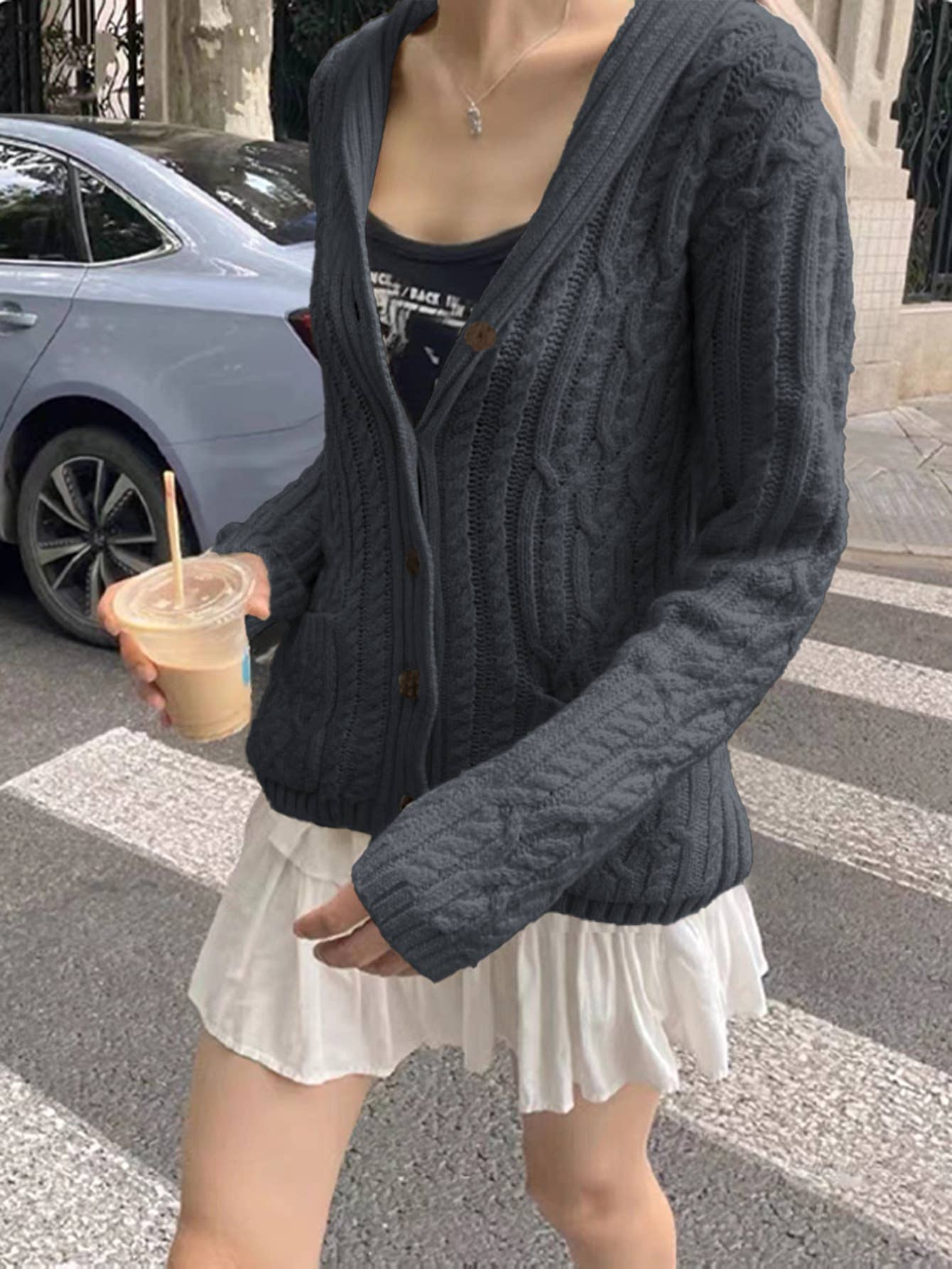 Casual simple button long-sleeved woolen coat