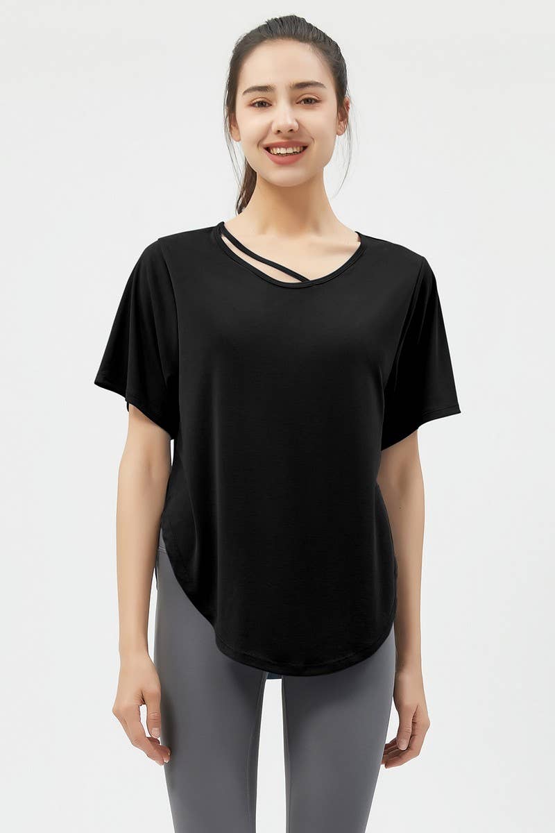 CWTBLS1469_LOOSE SHORT-SLEEVED SOLID COLOR SPORTS TOP