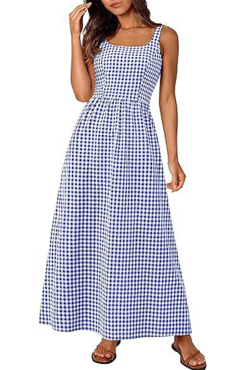 CWDHL1084_SPAGHETTI STRAP SQUARE NECK PLAID SHIRRED DRESS