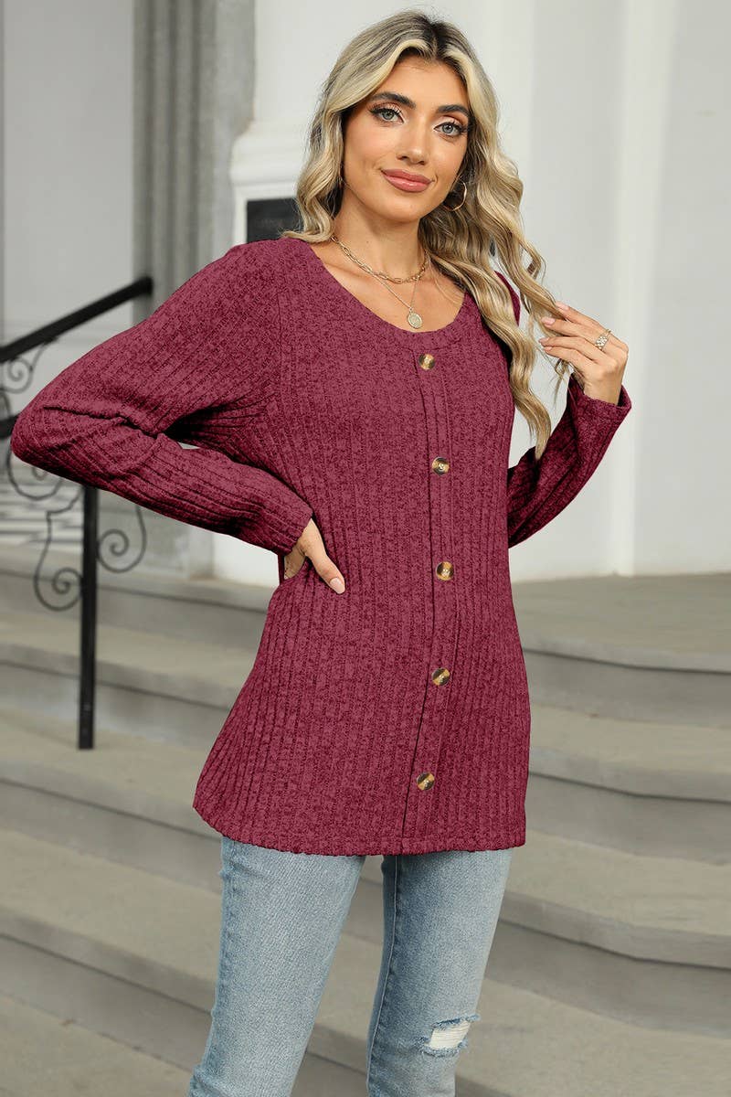 CWOSWL6831_SINGLE-BREASTED ROUND NECK LONG-SLEEVED LOOSE TOP