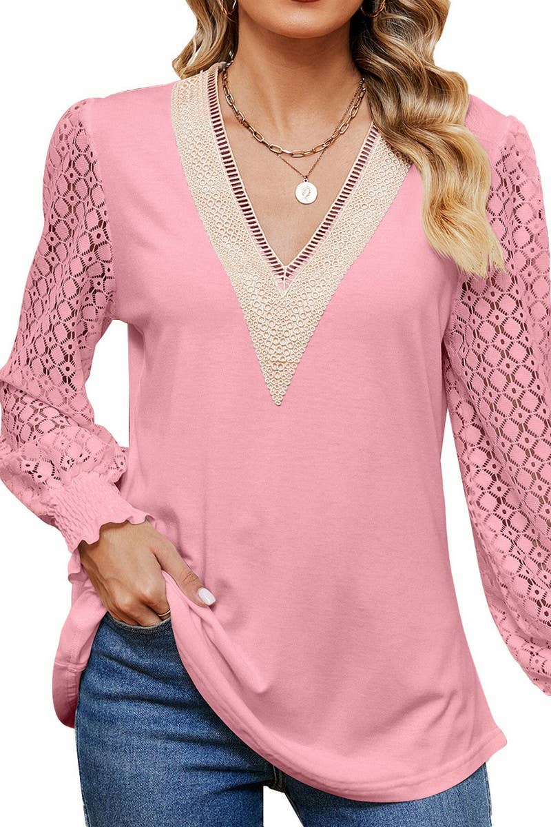 CWTBLL3665_V-NECK LACE PATCHWORK LONG SLEEVED LOOSE TOP