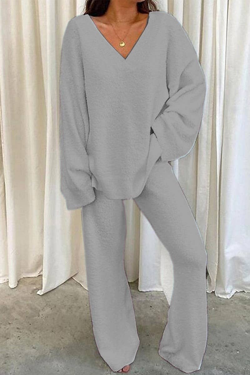 CWSTB00381_SOLID COLOR V-NECK CASUAL HOME WARM SUIT