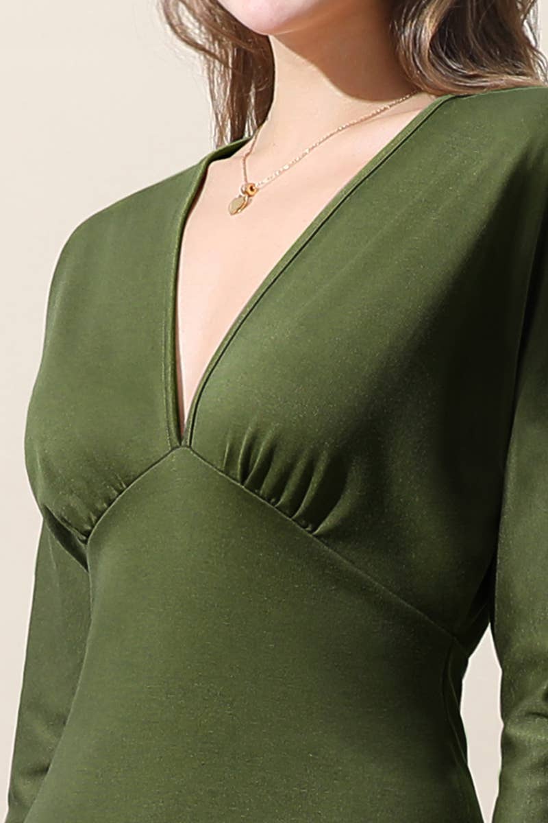 CWDMD804-P_V NECK SHIRRING WORK OFFICE FORMAL BODYCON DRESS