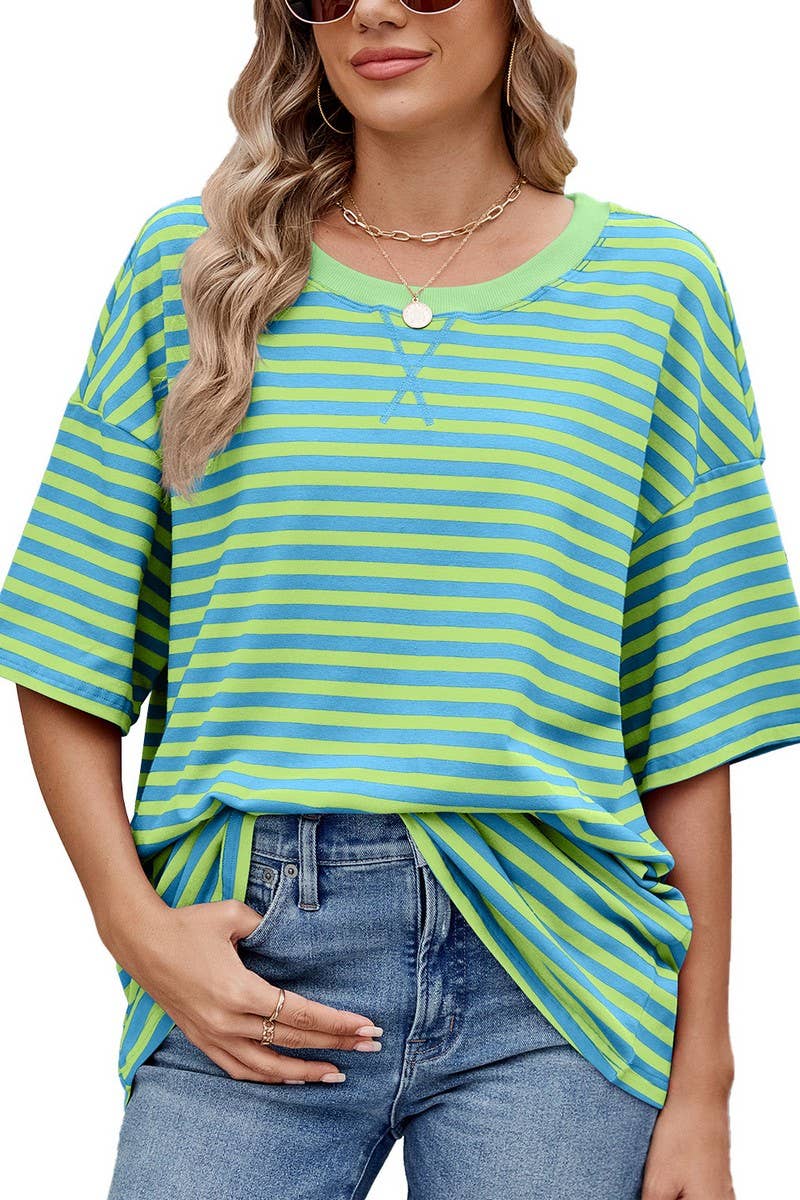 CWTTS1324_SPRING AND SUMMER STRIPED CONTRAST LOOSE T-SHIRT