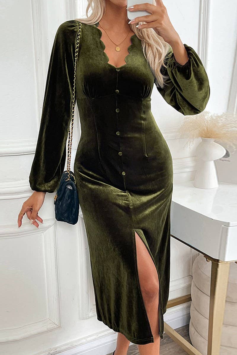 CWTBLL2051_ VELVET V NECK LACE NECK PARTY DRESS