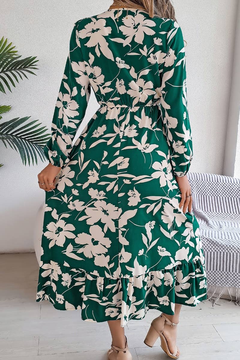 CWDMD3446_V-NECK PRINT LONG-SLEEVED DRESS WITH WAIST TUCKED
