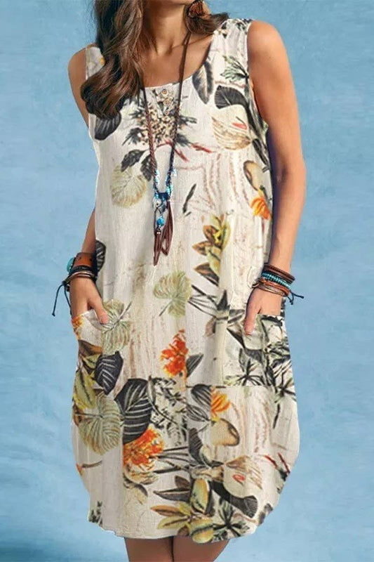 CWDSD8786_FASHION PLANT PRINT ROUND NECK POCKET CASUAL DRESS