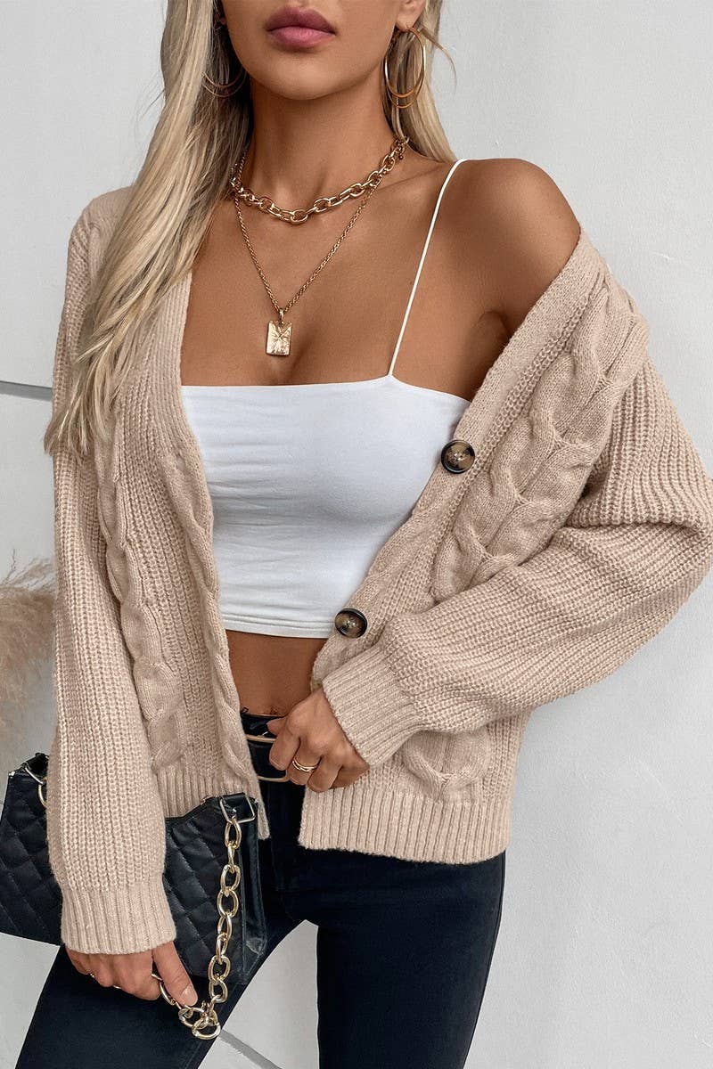 CWOCAL0837_SOLID COLOR SINGLE-BREASTED CABLE KNIT CARDIGAN