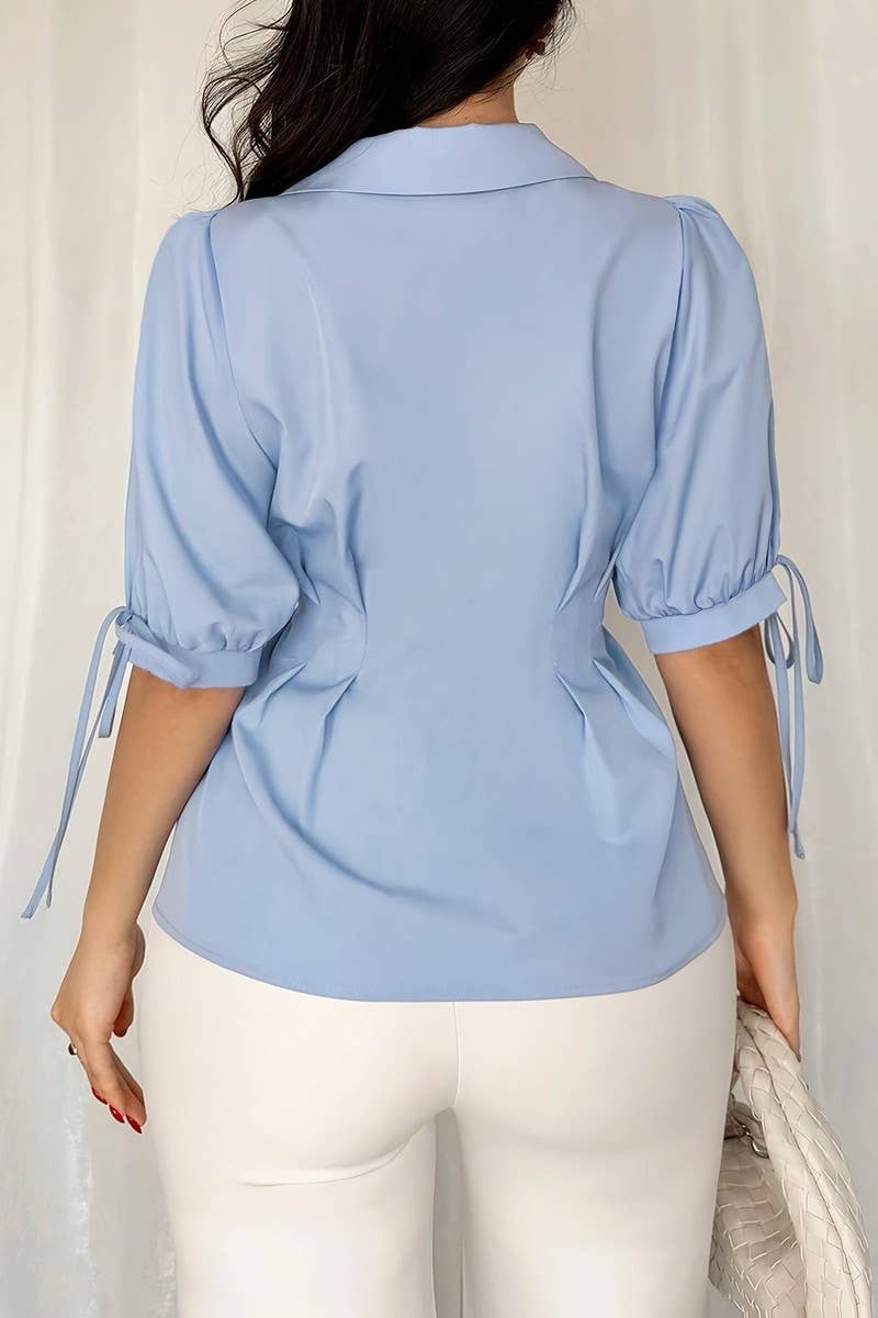 CWTSTS0786_RUCHED WAIST TIE SLEEVE FITTED SHIRT BLOUSE