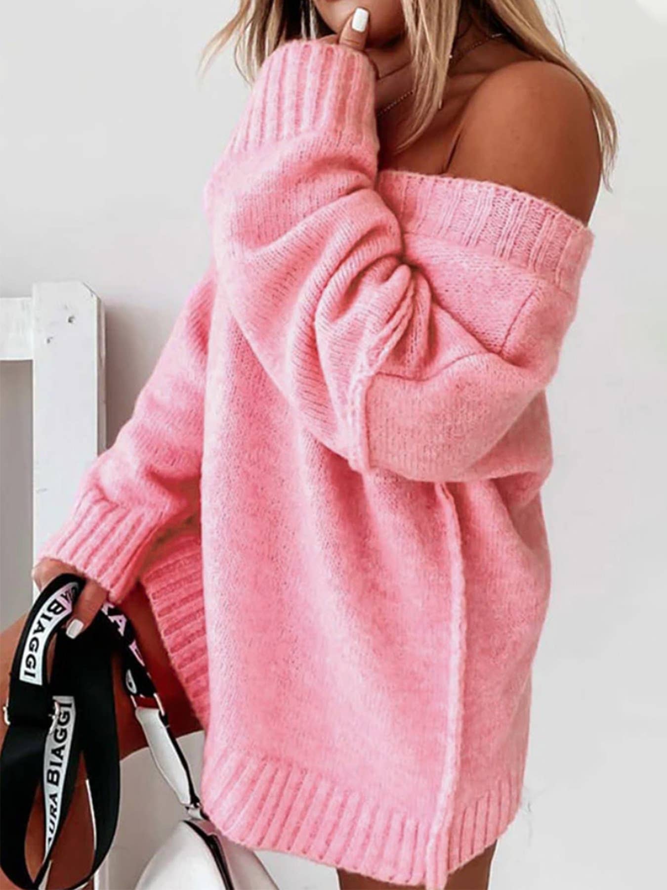 Casual loose solid-color V-neck pullover sweater