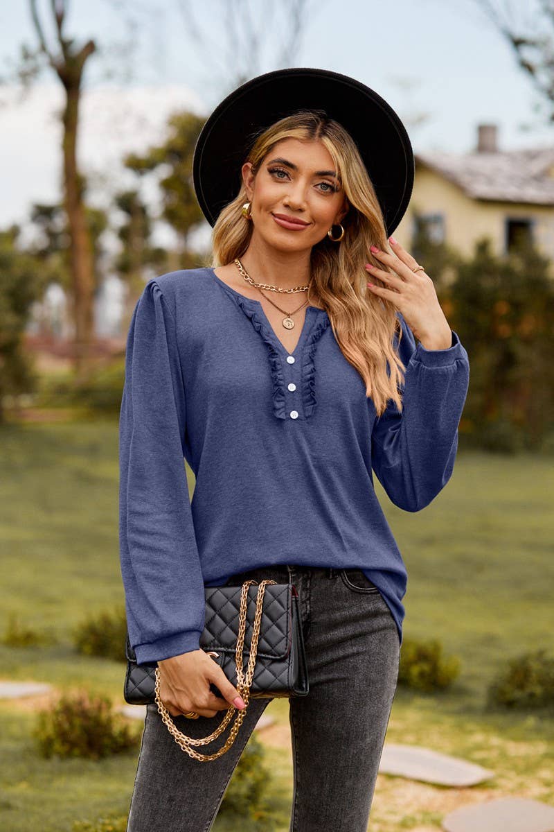 CWTBLL3682_SOLID COLOR V-NECK BUTTON RUFFLED LONG-SLEEVED TO