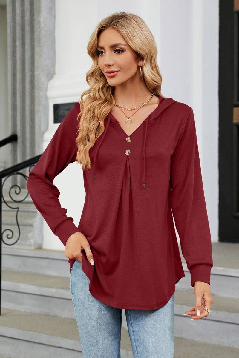 CWTBLL2682_SOLID COLOR DRAWSTRING LONG-SLEEVED HOODED TOP