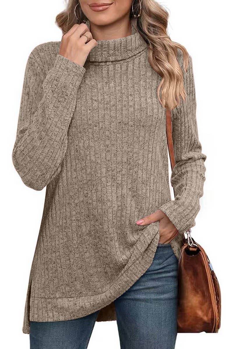 CWOSWL6106_SOLID COLOR HIGH COLLAR SLIT RIBBED BOTTOMING TOP