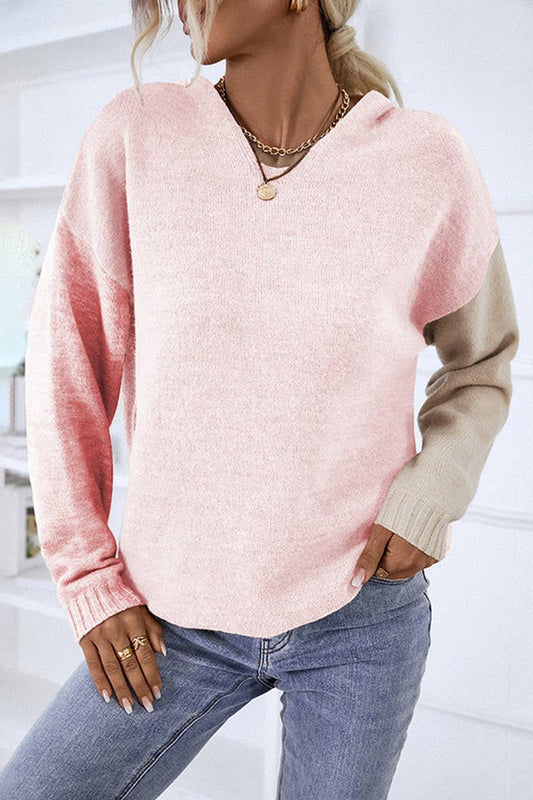 CWOSWL2944_CONTRAST COLOR HOODED KNITTED PULLOVER