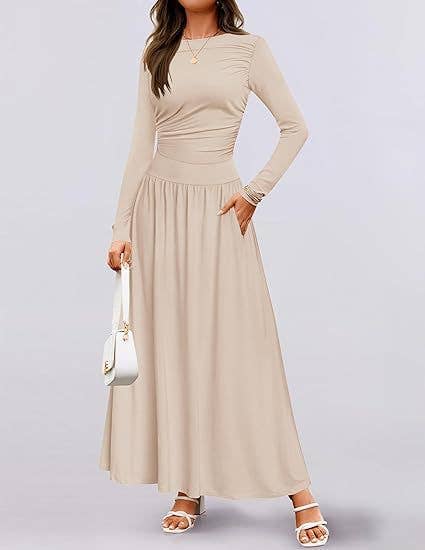 CREW NECK PLEATED POCKET SLIM LONG-SLEEVE DRESS