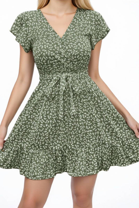 CWDSD10543_V-NECK RUFFLED SHORT-SLEEVED SEXY FLOWING DRESS