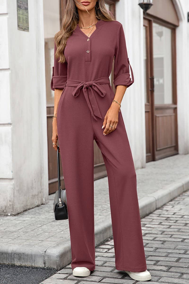 CWSJS00303_SOLID HIGH WAIST TIE BUTTON LONG SLEEVE JUMPSUIT