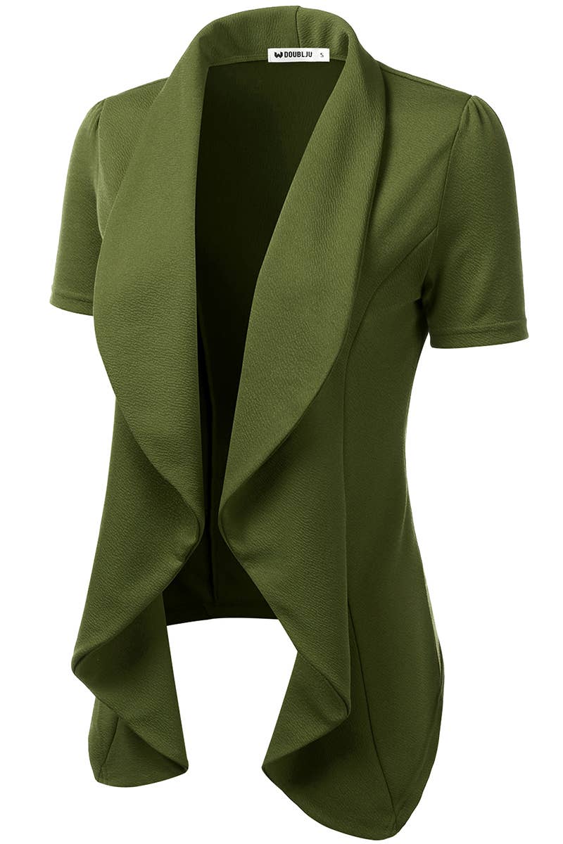 CWOBL095_Short Sleeve Open Front Draped Ruffles Blouses