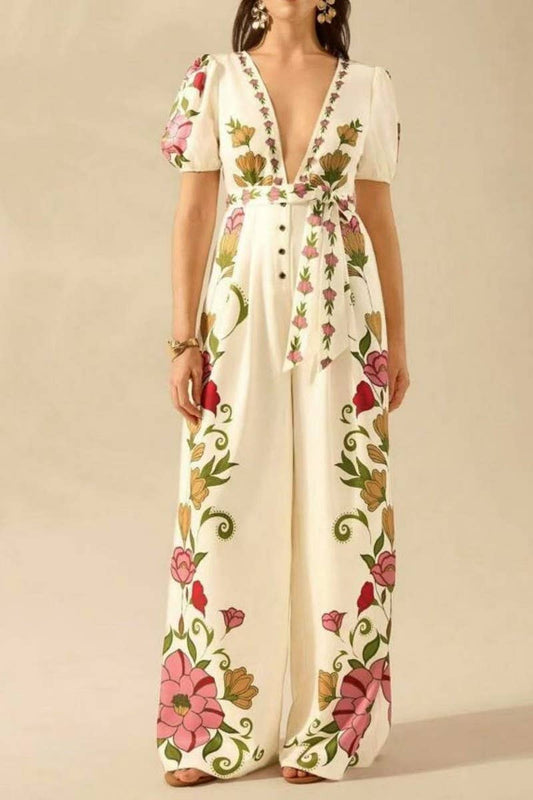 CWSJS1704_DEEP V NECK FLORAL SEXY WIDE LEG JUMPSUIT