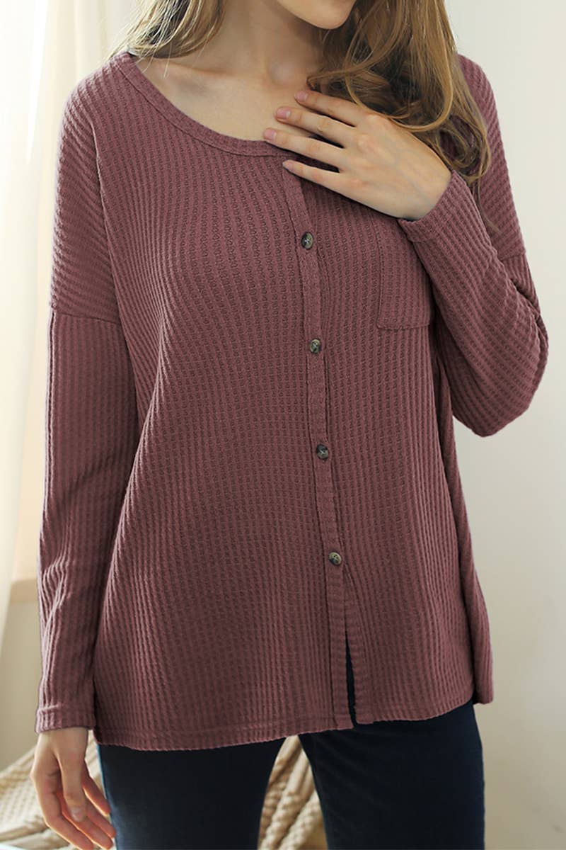 CWTSTL449-P_BUTTON BRUSHED R NECK WAFFLE TOP