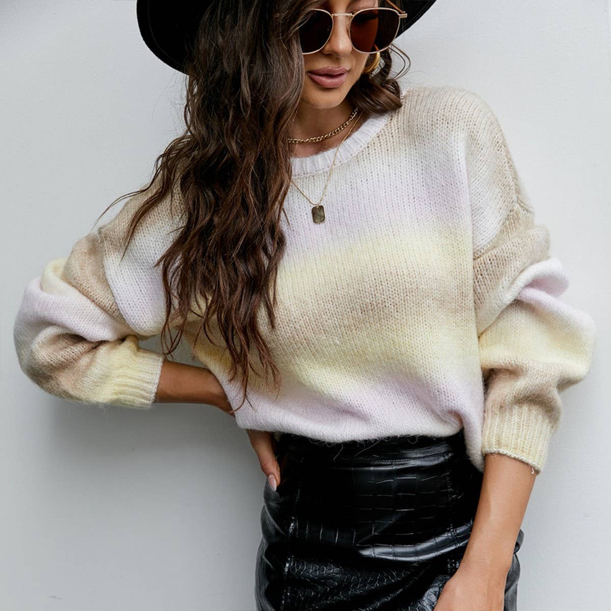 Fashion gradient knit long-sleeved pullover sweater