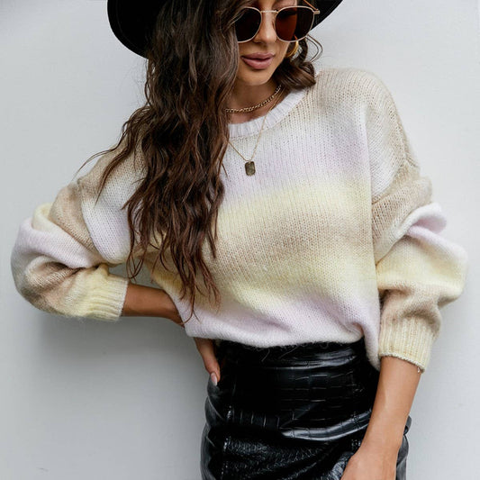 Fashion gradient knit long-sleeved pullover sweater