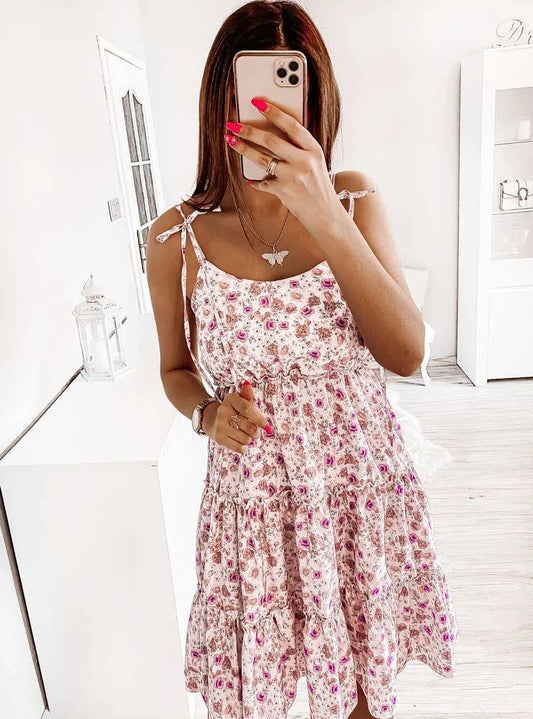 Floral print commuter shoulder lace-up dress