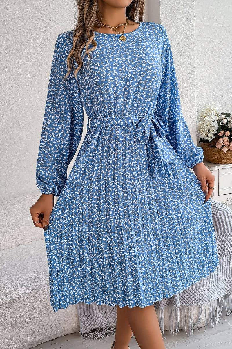 CWDSD4657_LONG-SLEEVED FLORAL PLEATED ONE-PIECE SKIRT