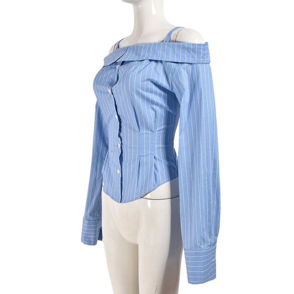 Fitted striped one-shoulder cropped shirt