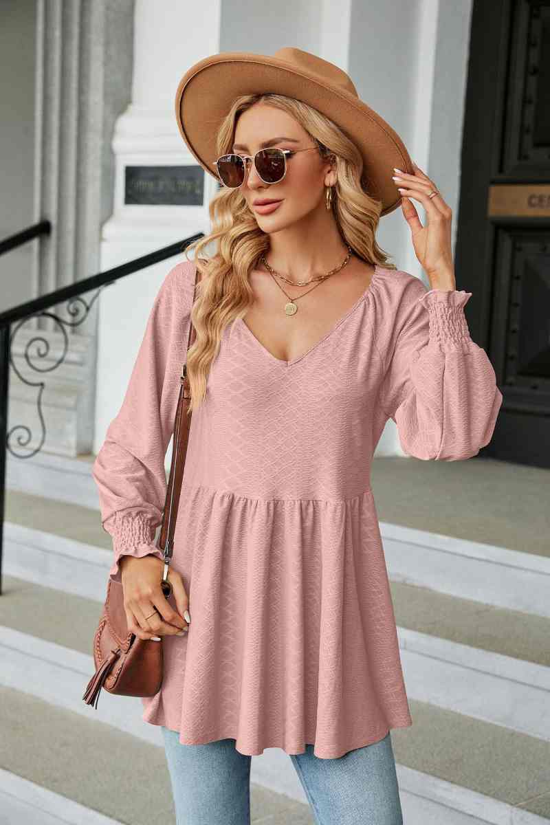 CWTBLL2836_V-NECK LONG SLEEVE PATCHWORK DRESS TOP