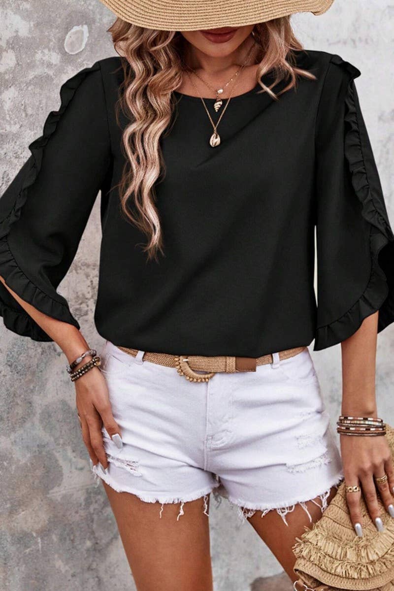 CWTBLS2263_LACE TRIM CREW NECK 3/4 SLEEVE ASYMMETRICAL TOP