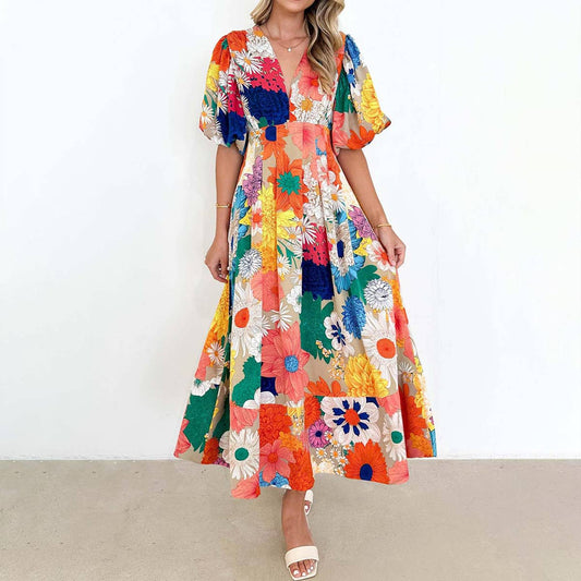Floral printe puffed sleeve A-line elegant dress